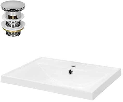 LuxeBath Waschbecken Keramik, Weiß, 510x415x155 mm, eckig mit Ablaufgarnitur Silber, Einbauwaschbecken mit Hahnloch/Überlauf, Aufsatzwaschbecken Einbauwaschtisch Waschschale Waschplatz Handwaschbecken