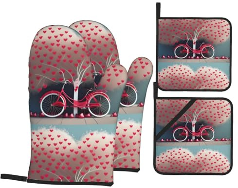 BROLEO Set di 4 guanti da forno e presine per la festa della mamma, San Valentino, romantici cuori e alberi e biciclette, spessi e durevoli, antiscottatura e termoisolanti
