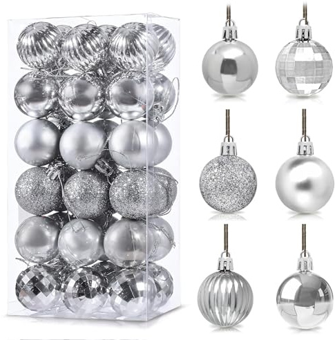 36Pcs Silvery Baubles for Christmas Tree,4cm Mini Shatterproof Plastic Christmas Balls Ornaments with Strings,6 Design Xmas Baubles Hanging Balls for Xmas New Yew Wedding Holiday Party Decor