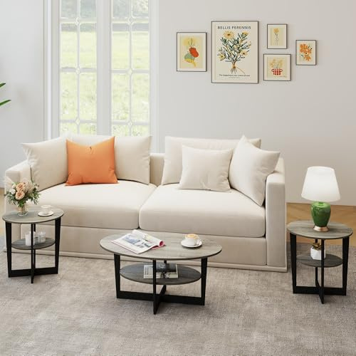 VPSMAT Coffee Tables for Living Room 3-Piece Set, Round Coffee Table and End Tables with 2-Tier Open Storage for Small Spaces, Apartment Home Office, Grey