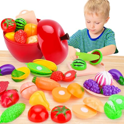 BBWELL Cucina Giocattolo per Bambini, 21pcs Cibo da Tagliare Frutta e Verdura, Gioco di Ruolo in Cucina, Giochi Montessori Educativo, Regalo per Bimbo 2 3 4 5 6 Anni