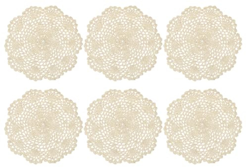 QUARKZMAN 6Pcs Centrini All'Uncinetto Fatti A Mano Centrini Rotondi 20 cm Tovagliette di Stoffa Pizzo per Artigianato Uso Quotidiano Feste Decorazione Casa Beige