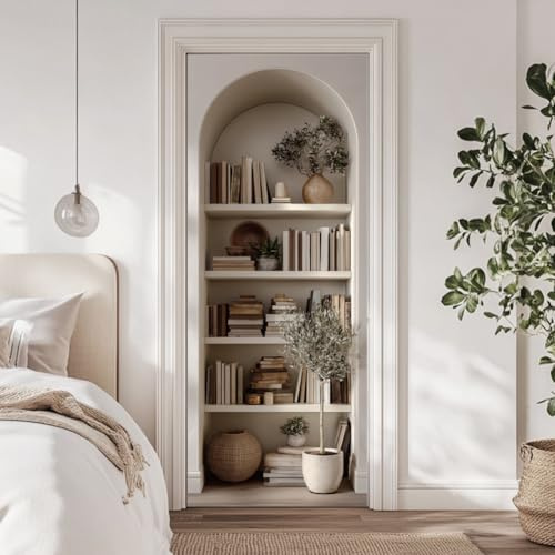 arricraft 2 Pcs Self-Adhesive Door Sticker, 31.5x78.7 3D Arched Bookcase Elegant and Simple Bookshelves Murals Stickers PVC Removable Wallpaper Decoration for Bedrooms ​Living Room