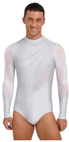 dPois Uomo Body da Ballo Latino Americano Tango Body Danza Classica Standard Moderna Manica Lunga Balletto Leotards Costume Danza Samba Rumba Salsa Prestazioni Bianco L