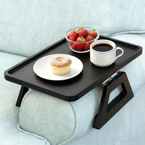 Wood Couch Arm Tray,Adjustable Sofa Arm Clip Holder Tray for Snack/Fast Food/Fruit/Drink, Large Foldable Stable Sofa Table