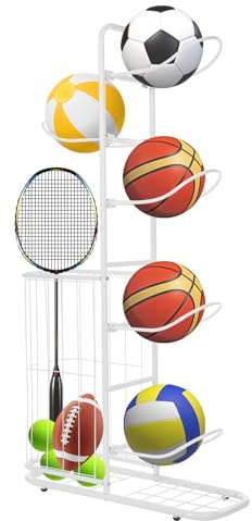 GGTYURTM Estantería para pelotas de deporte con 5 niveles, soporte para pelotas de deporte, color blanco, para garaje, gimnasio
