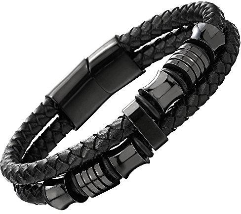 Men's Black Braided Leather Bracelet with Stainless Steel Accents Double-Layer Design Durable Biker Punk Style Wristband Modern Minimalist Fashion Jewelry for Men
