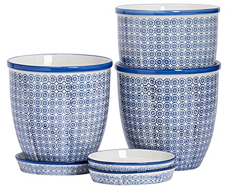Nicola Spring Handbedruckte Blumentöpfe mit Untersetzern – 3er-Set | Marineblau 20,5cm Steingut-Töpfe für Zimmerpflanzen, Sukkulenten, Kräuter & Gartenblumen Dekorative Pflanzgefäße