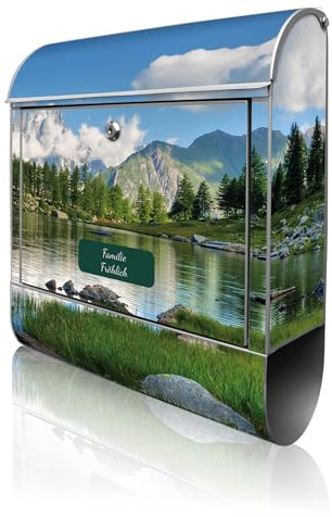 banjado Design Briefkasten personalisiert 38,5x46,5x13cm & 2 Schlüssel - Briefkasten Stahl Silber Zeitungsfach pulverbeschichtet - Postkasten A4 Einwurf inkl. Montagematerial - Motiv Gebirgssee