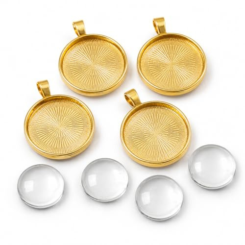 Perlin Cabochon Anhänger Set Gold 25 mm Rund 8 Teile Metall Fassungen mit Glas Cabochons DIY Schmuck Bastelset Foto Medaillon Rohlinge
