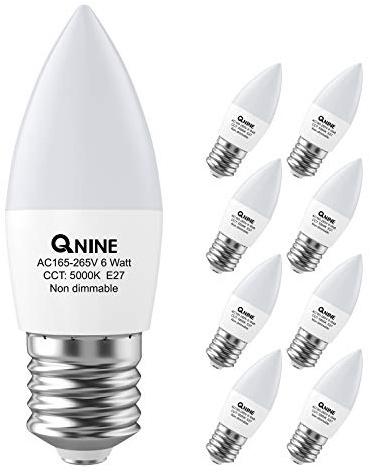QNINE 8-Pack Cool White E27 Screw Bulb, 6W (60W Equivalent), 540lm, LED Candle Bulbs, 5000K, Non-Dimmable