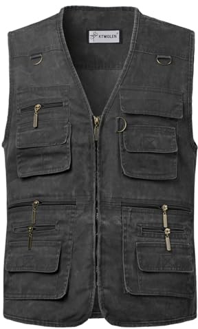 KTWOLEN Herren Outdoor Weste mit Multi-Taschened Anglerweste Jagd- und Angler Camping Wandern Weste Freizeit Ärmellos Jacke, Schwarz, M