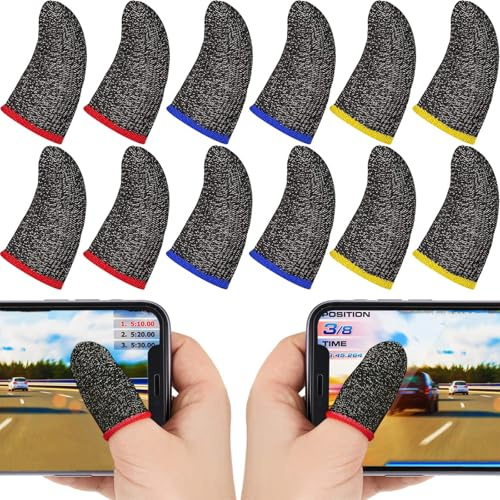 30 Piece Finger Sleeve for Gaming Mobile Game Controller Finger Thumb Sleeve Anti Sweat Breathable Seamless Touchscreen Cover Silver Fiber for Phone Game(Red Brim, Yellow Brim, Blue Brim)