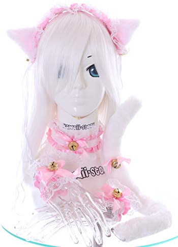 Kawaii-Story C-12-1 Weiß Rosa Gothic Lolita Maid Katzen Ohren Haarband Halsband Armband Schwanz Set Cosplay