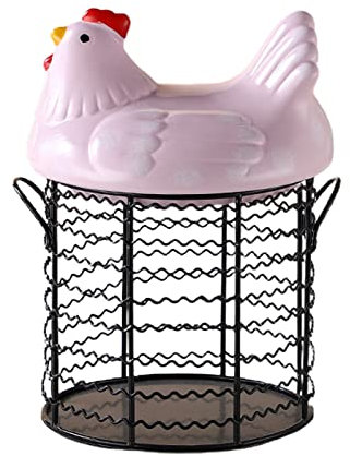 DEDEMCO Egg Storage Basket with Ceramic Chicken Lid,Black Metal Mesh Wire Egg Collection Baskets,Ceramic Fresh Egg Holders Countertop