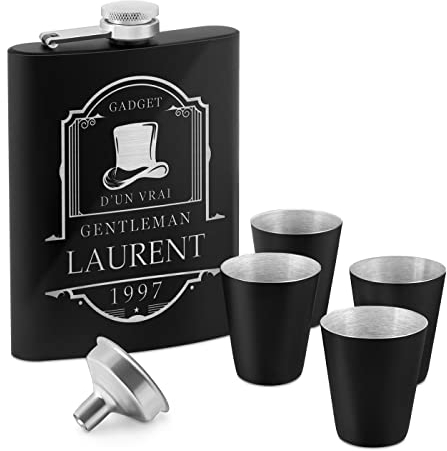 Maverton Flasque en Acier Inoxydable pour lui - Portable Flasque avec gravure - Set avec 4 verres à shot en acier - Pour hommes - Flacon personnalisé pour anniversaire - Gentleman