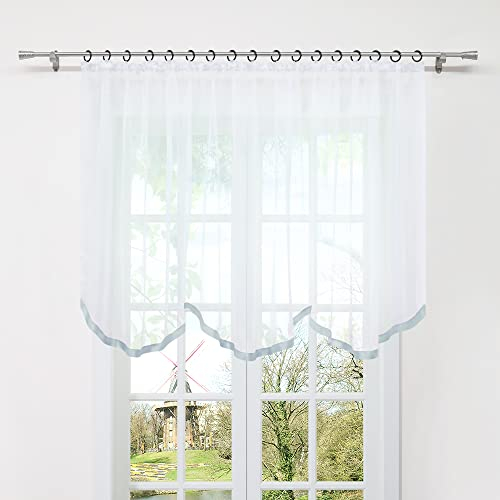 HongYa Gardine Store mit Kräuselband Transparenter Voile Bogenstore Blumenfenster Küche Vorhang mit Satinband H/B 100/300 cm Silber