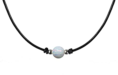 Edellis Hochwertiger runder Weißer Opal 8 mm mit Ziegenleder Damen-Kette und mit 925 Sterling Silber Kugeln und Verschluss (45)