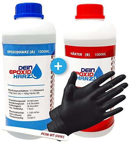 Epoxidharz mit Härter - RESIN ART | 1:1 Formel | 2000ml | Kristallklar, UV-Schutz, Mittelviskos | im Set mit Handschuhe + Rührstab
