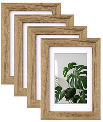 EGOFINE 6x4 Photo Frames Set of 4, 100% Solid Wood Frames with Acrylic Glass, Display Pictures 5x3.5 with Mat or 6x4 Without Mat for Tabletop and Wall Mounting, Carbonized Brown