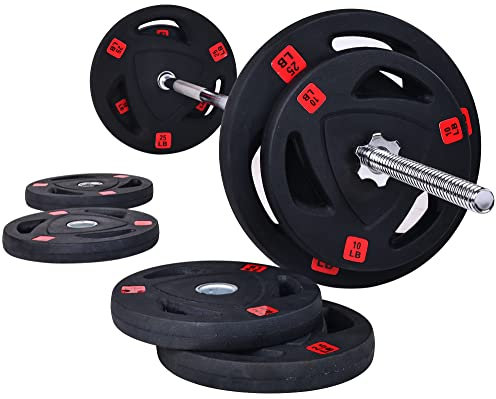 Fitvids Cast Iron Standard Weight Plates Including 5FT Standard Barbell with Star Locks, 95-Pound Set (85 Pounds Plates + 10 Pounds Barbell), Multiple Packages, Style #6
