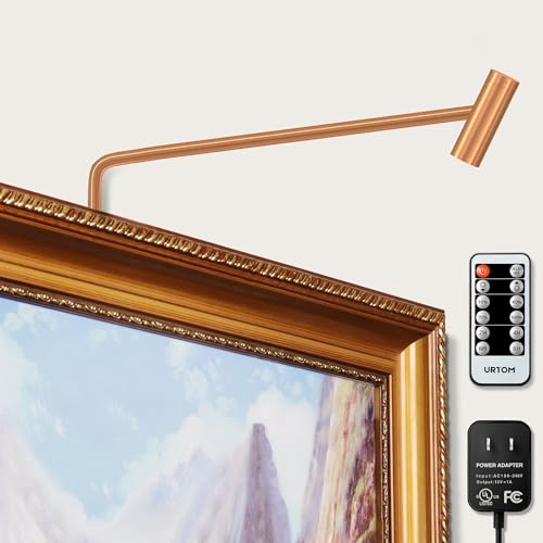 URTOM Plug in Picture Light Dimmable Art Lights for Paintings Remote Control 3000K Picture Frame Light with Timer CRI 90 LED Picture Lights for Wall Display Artwork Portrait Gallery, Copper Body