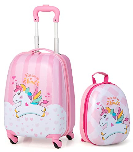 GYMAX 2Pcs Kids Luggage Set, 16/18 & 12 Girls Suitcase and Backpack Set with 4 Spinner Wheels, Hard Shell Children Trolley Case for Travel School (Pink, 12 & 16)