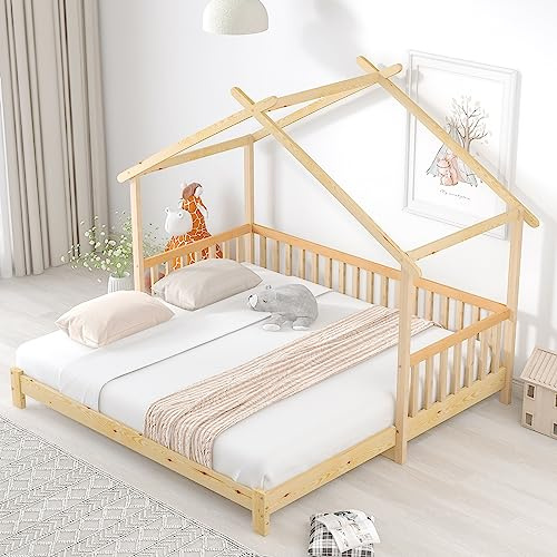 Dolamaní Hausbett 90x200 cm mit Ausziehbett, Kinderbett Erweiterbares Baumhausbett, Tagesbett, Einzel-Doppelbett, Reines Massivholz, Natur Natur