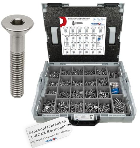 FRANTOS L-BOXX Innensechskant Senkkopfschrauben Set ISO 10642 in Edelstahl A2-1.600 tlg. + 4 Winkelschlüssel I Senkschrauben Schraubensortiment Sortiment