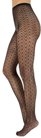 CALZITALY Nätstrumpbyxor, sömlösa strumpbyxor, damtights, återvunna garnstrumpbyxor, mönstrade tights geometriska, fiskben, blomma, väv | svart, hud | S-M, L-XL | Made in Italy, Svart-sicksack, L/XL