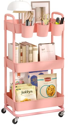 JIUYOTREE Rollwagen aus Kunststoff, 3-stöckig, mit extra hängenden Griffen, feststellbare Räder für Wohnzimmer, Badezimmer, Küche, Büro, Rosa
