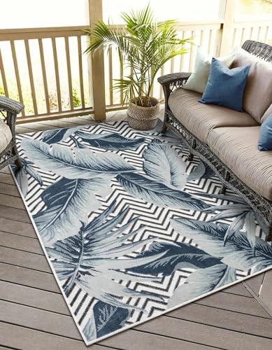 MY-RUG Outdoorteppich wetterfest 80 x 150 cm | UV-beständig Kurzflor Teppich für Terrasse Balkon Garten Küche | waschbar robust Palmenmuster Azure