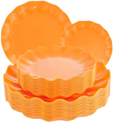 LIYH 24 Pcs Orange Scalloped Plates - Sturdy Plastic Orange Plates for Halloween & Thanksgiving Party Dishwasher Safe Reusable (12 Guests)