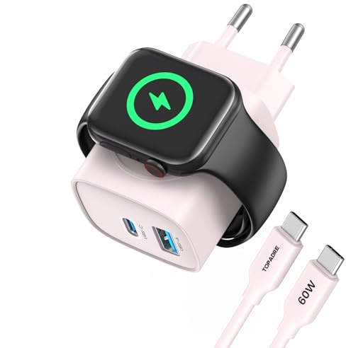 Caricabatterie 3 in 1 per Apple Watch, caricabatterie rapido USB-C da 20W per iPhone, caricabatterie iWatch per Apple Watch Serie 11/10/9/8/7, per iPhone 17/16/15/14/13 con cavo USB-C da 60W, rosa