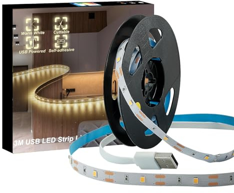 LED Strip LIghts, 9.8ft USB Warm Weiss LED Strip Light, Pulg & Play, 3m TV Hintergrundbeleuchtung, Helles Indoor Strip Light für Schlafzimmer, Küch & DIY