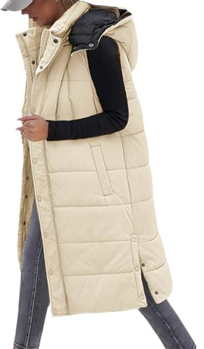 Vancavoo Chaleco Largo Mujer Invierno Chaleco Acolchado con Capucha Abrigo sin Mangas y Cremallera Abrigo de Cálidos on Bolsillos(Caqui,XL)