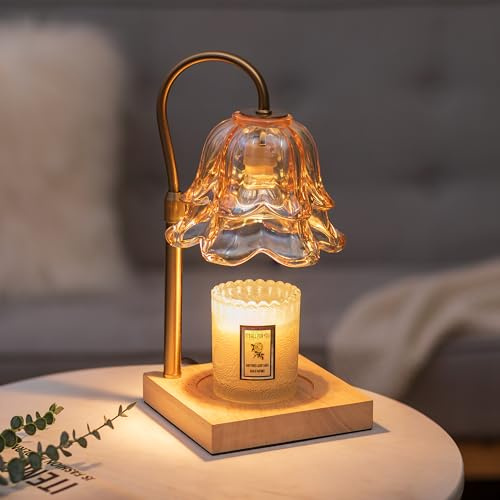 Candeldo Candle Warmer Lamp with Timer, Gold Flower Dimmable Wax Melt Lamp | Height adjustable, gift for women, mum, her, new home, house warming, birthday present, with 2 bulbs, for large jar candle