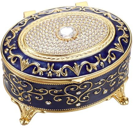 SUMTree Retro Schmuckschatulle Vintage Schmuckkasten mit Deckel Ovale Ringbox aus Aluminium Dunkelblau Schmuckbox für Kette Klein Schmuckkästchen Damen Mädchen Geschenk für Weichnachten Geburtstag