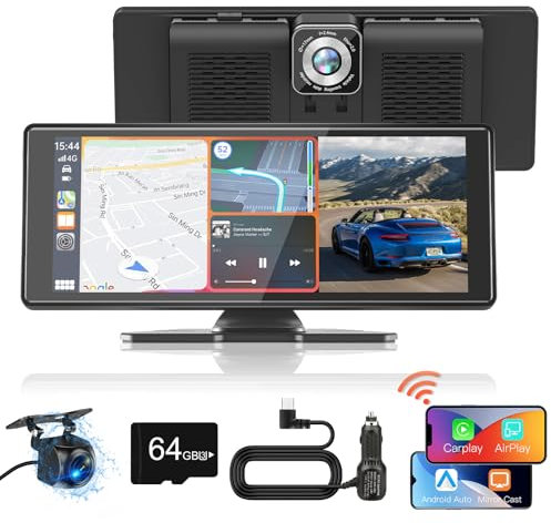 Texpot Car Stereo for Apple CarPlay Android Auto with 4K Dash Cam 1080P Backup Camera, 10.26 Portable Wireless Carplay Screen Car Play with Bluetooth/AUX/FM/Navigation/Mirror Link/64G TF