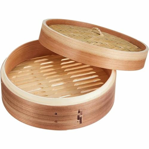 CHEFZOCO Cesta de Vapor de Bambú para Cocinar Asiático, Steamer de bambú, Canasta para vapor, Vaporera de bambú, Dim sum basket, Diámetro 25 cm, Altura 10 cm, 1 nivel, 480 gramos