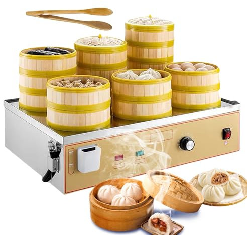 Vaporiera Elettrica A 6 Fori, Forno Commerciale per Panini al Vapore,Tempera 30-110 ℃,Anti-combustione A Secco,Allarme Mancanza d'Acqua, Cottura A Vapore di Verdure Domestiche in Acciaio Inossidabile