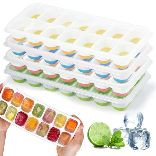 4 bandejas de cubitos de hielo de silicona con tapa, molde de hielo, certificado LFGB – libre de BPA, bandejas de hielo cuadradas fáciles de quitar (1 verde+1 azul+1 rosa+1 amarillo)