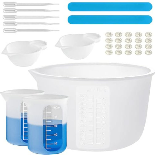 Set Vasos Silicona para Resina Epoxi, Vasos Medidores 600ml y 100ml, Moldes Mezclador Reutilizables, Kit Herramienta con Varillas Remover, Tazas Medidoras, Cunas Dedos, Gotero, Vasos Dispensadores
