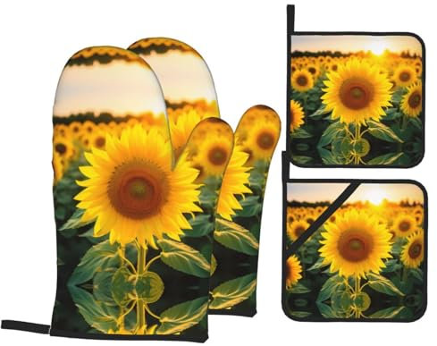 Guanti da forno con stampa di girasoli e presine, resistenti al calore, per cucinare e grigliare