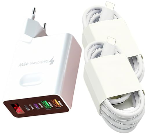 Tomedeks Caricatore Rapido Caricabatterie,45W 4Porto Presa Caricatore Multiplo Con due cavi dati da 1 m,Carica Batterie Cellulare Spina Adattatore Alimentatore,per iPhone 16 15 Pro Max Samsung S24 S23