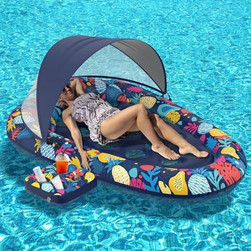 Blissbuilt Aufblasbares Pool Luftmatratze für Erwachsene 185 * 120cm,Wasserhängematte Mit abnehmbarem Sonnendach und Getränkehalter,Tragbar Große Aufblasbare Pool Für Sommerpool,Strand,See &Partys