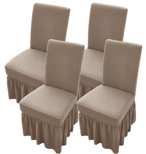 WYLEBER Stuhlhussen für Esszimmerstühle mit Langem Rock,Stuhlhussen für Esszimmer 2er-/4er-/6er-Set,Universelle rutschfeste Stuhlbezug für Küche Hochzeits Feier Bankett(Khaki,4 Set)