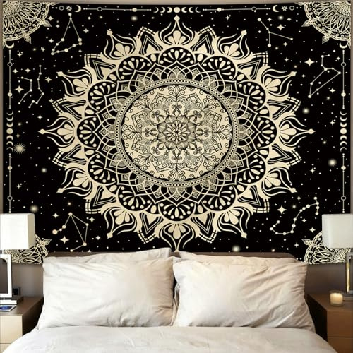 Apdidl Boho Black Mandala Tapestry for Bedroom Aesthetic, Hippie Decor Space Astrology Wall Art Ceiling Tapestries, Vintage Bohemian Indian Golden Blanket Wall Hangings for Living Room 51 X 60