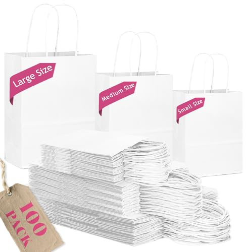 Gcardist Bolsas de papel blanco con asas, paquete de 100 unidades de diferentes tamaños (grande, 33 unidades, medianas, 33 unidades, pequeñas, 34 unidades)