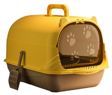 Lettiera per gatti con cappuccio con porta chiusa e coperchio per gatti, vasino rimovibile con sabbiera facile da pulire, grigio giallo